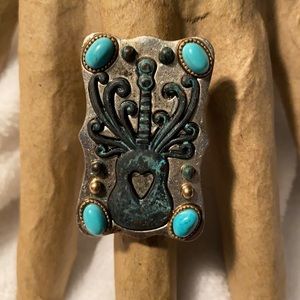 Unique Guitar Love copper trimmed faux turquoise & silver  ring size 7+